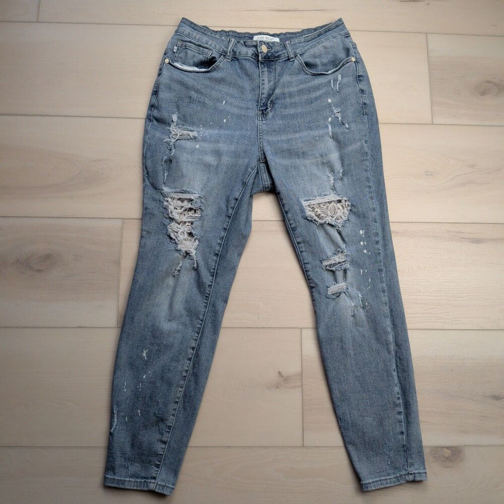 Judy Blue Jeans Womens 16W Lace Patch Distressed Mid-Rise Skinny Plus Size Blue